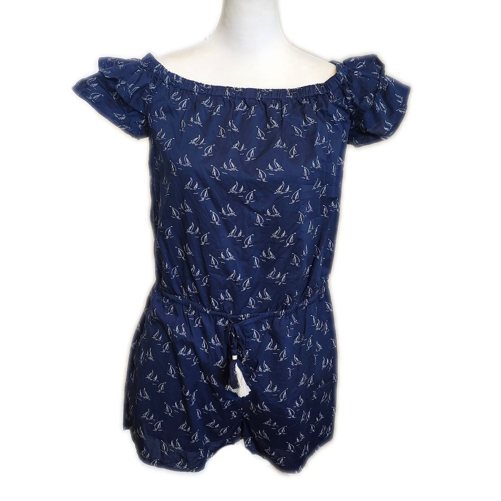 Vineyard Vines 100% cotton, navy blue, off the shoulder, white sailboat romper S